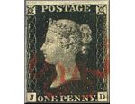 le premier timbre apparu en Angleterre en 1840 : le one penny black de Sir Rowland Hill  representant la Reine Victoria - Royaume Uni de Grande Bretagne / Angleterre - United Kingdom of Great Britain / England