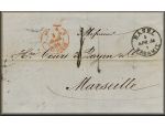 lettre ancienne (sans timbre poste mais avec nombreux cachets postaux) de Basel / Bale (Suisse / Schweiz / Svizzera / Svizra ) --> Marseille (Bouches du Rhone - France) via Saint Louis (France) du 4 avril 1856