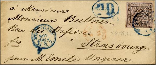 lettre ancienne avec 4 cachets et 1 timbre poste : Stuttgart (Wurttemberg / Wurtemberg - Allemagne) --> Strasbourg (Alsace - France) du 18 novembre 1853